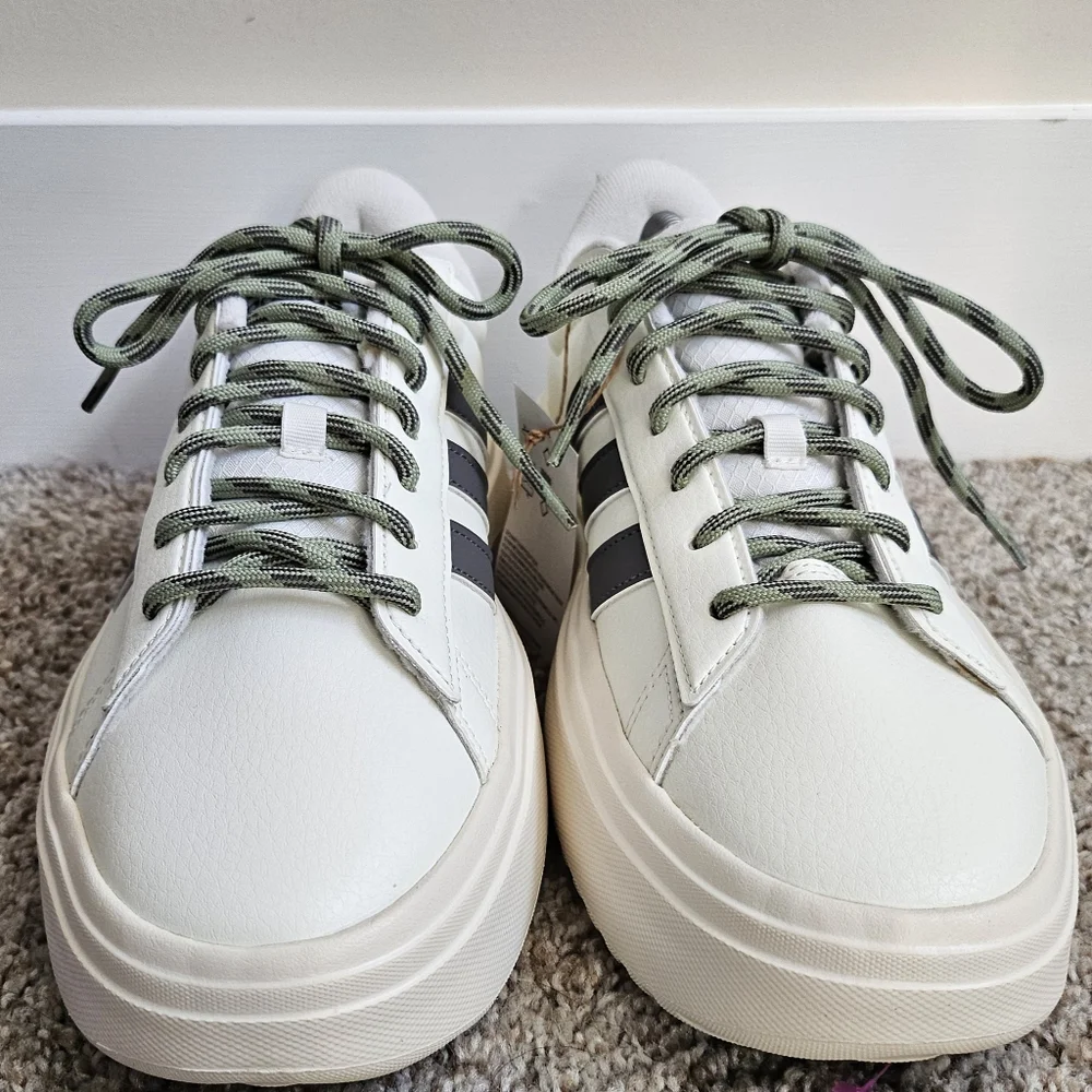 adidas Women's Cream Sneakers with Gray Stripes and Olive Laces